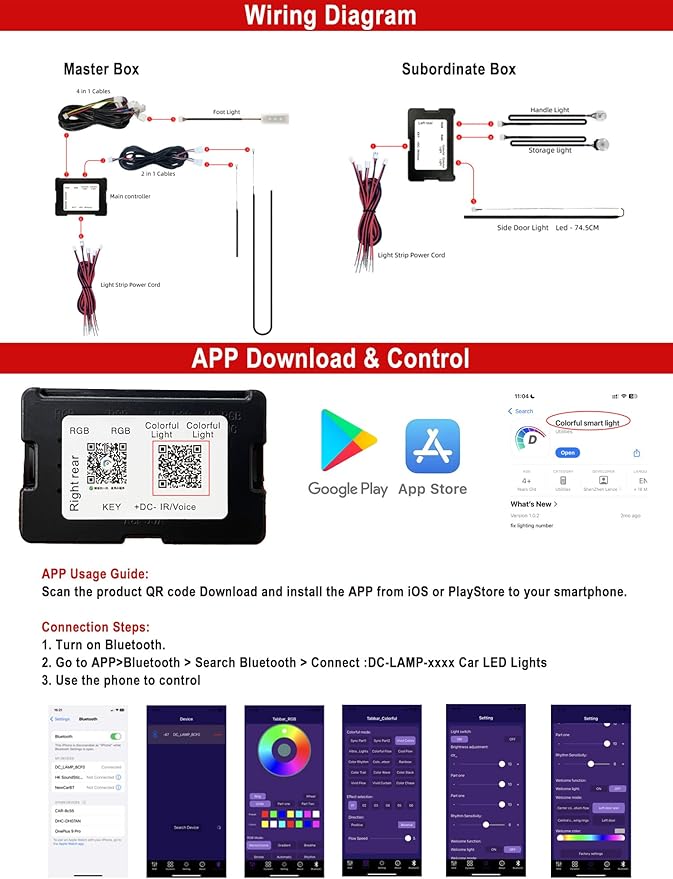 Wireless APP Control Car-Ambient-Lighting-Kit,256 RGB Colors DIY Modes Acrylic Interior Car LED Strip Light