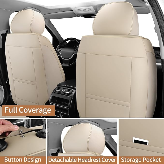 Leather Front Car Seat Covers Breathable Seat Covers Waterproof Seat Protectors Universal Fit for Most Automotive Cars SUV Trucks Van (Beige, Front Pair)