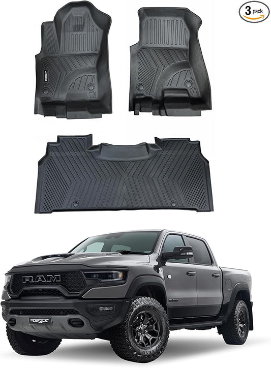 Custom Fit Floor Mats for Dodge Ram 1500 2019–2025 Crew Cab – Heavy Duty 2-Row All-Weather TPE Car Mats Full Set, Waterproof, Odorless, Non-Slip, Easy to Clean, Durable Automotive Floor Liners
