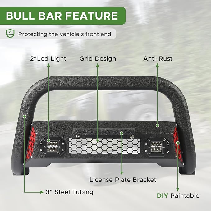 Bull Bar Fit for Toyota Tundra 2007-2021 & Toyota Sequoia 2008-2022 with LED Light & w/License Plate Bracket DIY Paintable Truck Front Bumper Brush Push Bar Front Grille Guard Protector