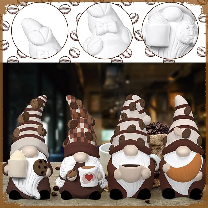 Eersida 6 Sets Coffee Gnome Ceramics to Paint Ready to Paint Your Own Ceramic Coffee Gnome Statues DIY Unpainted Ceramics Paintable Figurines Kit Crafts with Brush Palette Christmas