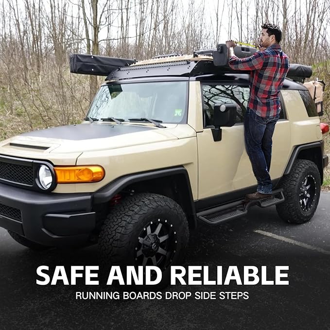 Running Boards Side Steps Compatible with 2007 2008 2009 2010 2011 2012 2013 2014 Toyota FJ Cruiser, Bolt-on Nerf Bar Step Bars, Heavy-Duty Steel Two Stairs Design (Black Steel, Star Logo)