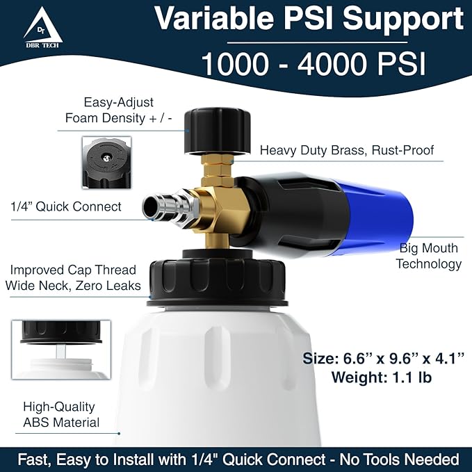 Foam Cannon for Pressure Washer, 1.1mm Orifice, 1000-4000 PSI, 1/4 Inch Quick Connector, Wide Neck and Adjustable Spray, Heavy Duty Car Snow Foam Blaster for Superior Foaming & Deep Clean, Blue