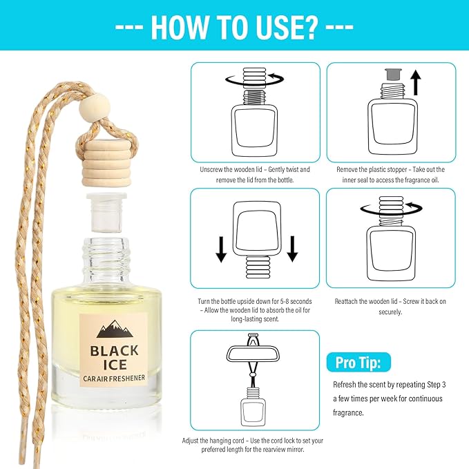 Car Air Freshener Oil Diffuser - Hanging Long Lasting Scent for Car & Home, Essential Oil Freshener with Adjustable Fragrance (Teak Wood+Black Ice+Bamboo Rain+White Tea)