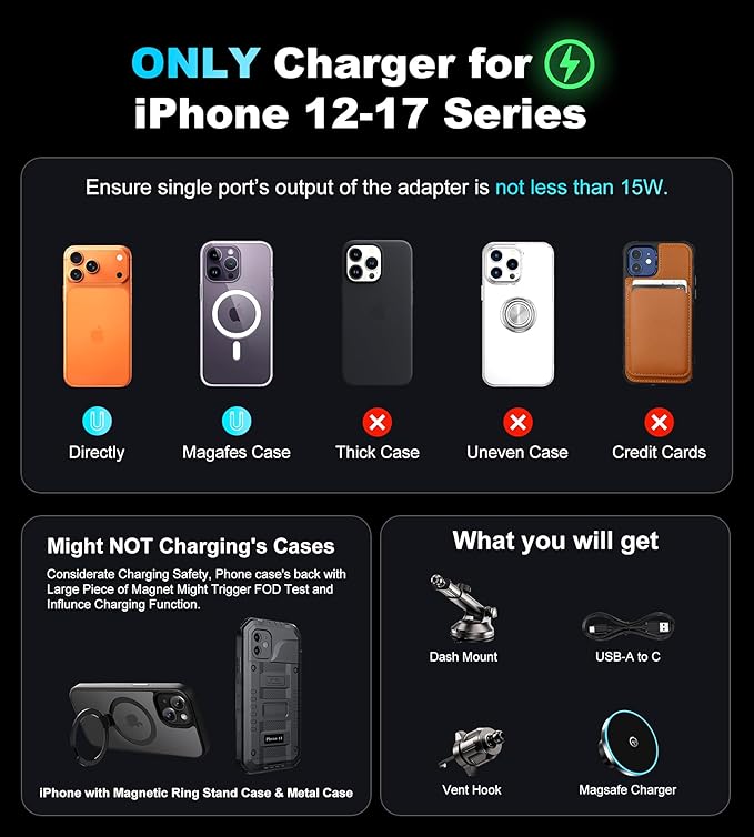 for Mag-Safe Car Mount Charger Dash Vent Windshield Wireless Car Charger with LED Light, Strong Magnetic Phone Holder for Car for iPhone 17 16 15 14 13 12 Series(Cyan)