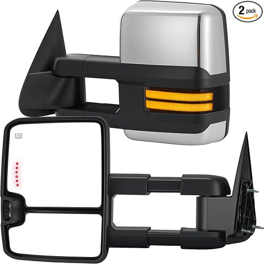Tow Mirrors Compatible with 2003-2007 Chevy Silverado GMC Sierra, Extended Trailer Towing Side Mirrors with Sequential Switchback Turn Signal, Backup Light, Power Heated Adjustable, Chrome