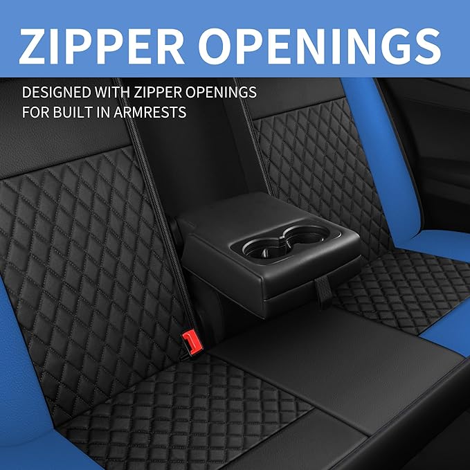 Blue Car Seat Covers,Breathable and Waterproof Seat Cover Full Set,PU Premium Universal Fit Automotive Airbag Compatible for Cars Sedans SUVs Vans and Trucks(Full Seat,Black+Blue,N1)