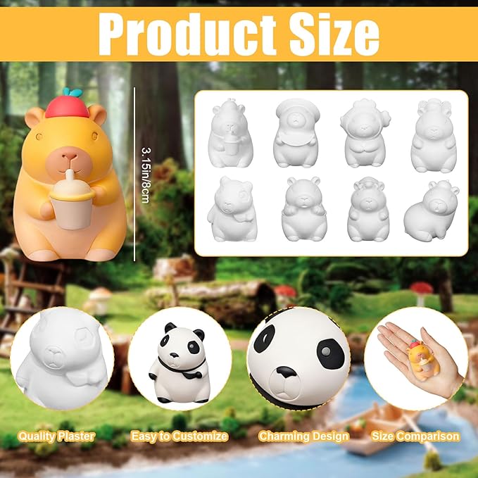 8Pcs Ceramics to Paint Capybara Gifts, Paint Your Own Ceramic Painting Kit - 3.15" Paintable Ceramics Capybara Figures with Brushes & Paints, DIY Unpainted Animal Plaster Christmas Crafts for Adults