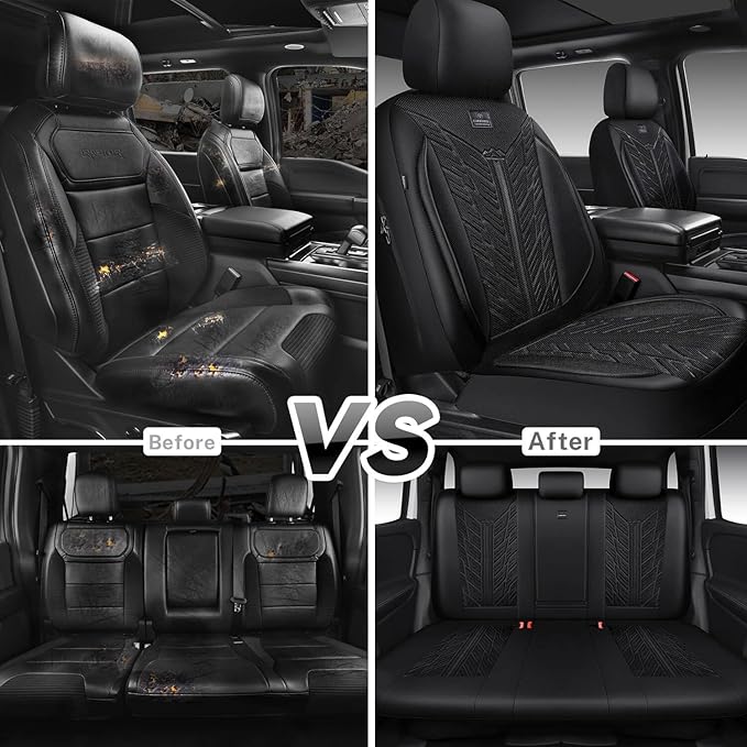 CAR PASS Leather Oxford Car Seat Covers Full Set,Waterproof Seat Cover for Truck,All Weather Non-Slip Durable Universal Fit for Extra Large Truck Car SUV Sedan Van Automotive,Black 3D Tyre Embossed