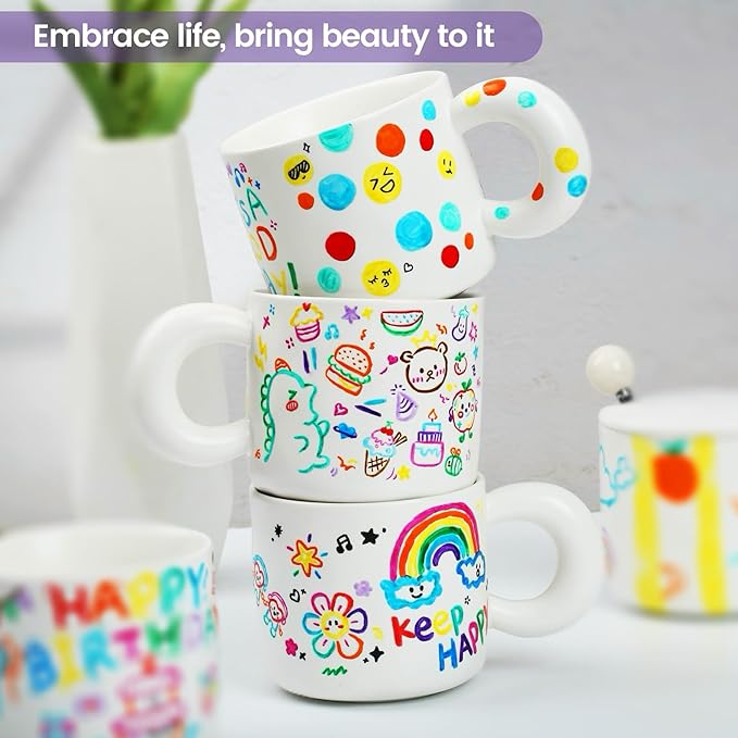 Paint Your Own Ceramic Mug Kit - DIY Ceramic Painting Kit for Adults Kids, Paintable Ceramic Mug Decorating Set, Custom Mugs Design Your Own, Ceramic Painting Kit Includes Mug, Paints, Manual