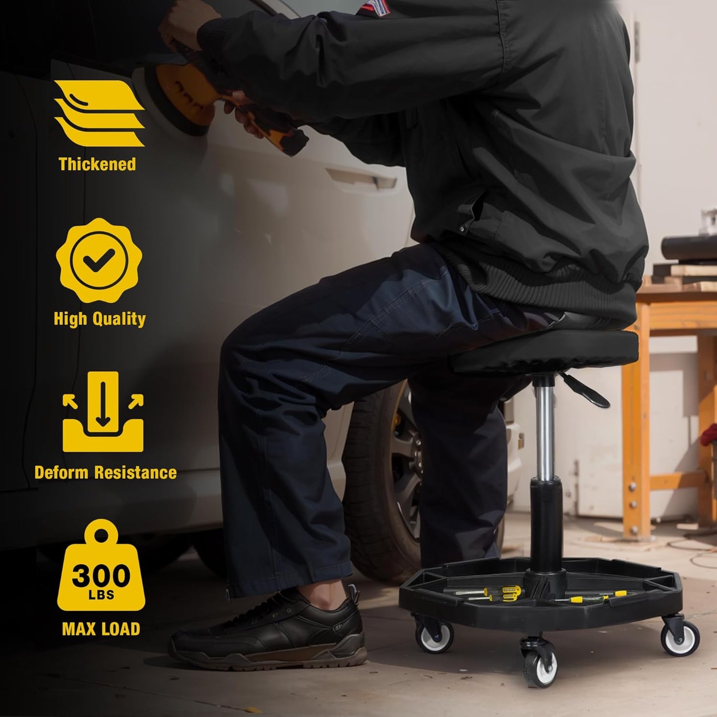 YELLOW JACKET Rolling Garage Seat with Wheels Adjustable Height Pneumatic Mechanic Stool 300Lbs Heavy Duty Shop Creeper Seat with 4 Removable Storage Tool Tray Workshop Chair for Auto Repair