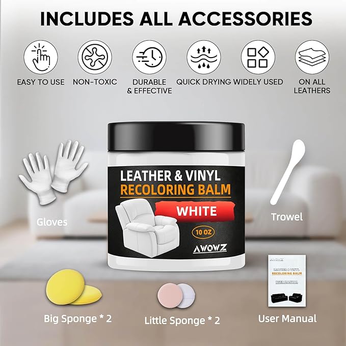 Leather Recoloring Balm - Scratch Repair & Color Restore Kit for Faded Leather, Leather Couch & Car Seats - 10OZ Leather Restorer Balm for Furniture, Auto Interior, Vinyl, Accessories (White)