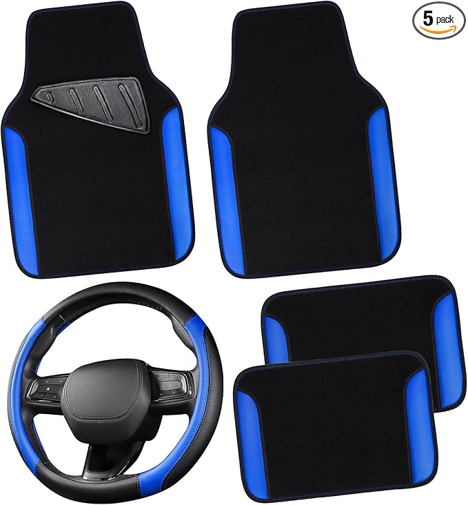 CAR PASS Faux Leather Steering Wheel Cover and Waterproof Car Floor Mats,Universal Car Combo Fit for 95% Sedan,SUV,Cars,14.5-15inch Sporty Anti-Slip Safety Comfortable Design(Black＆Bule)