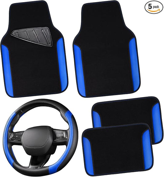 CAR PASS Faux Leather Steering Wheel Cover and Waterproof Car Floor Mats,Universal Car Combo Fit for 95% Sedan,SUV,Cars,14.5-15inch Sporty Anti-Slip Safety Comfortable Design(Black＆Bule)