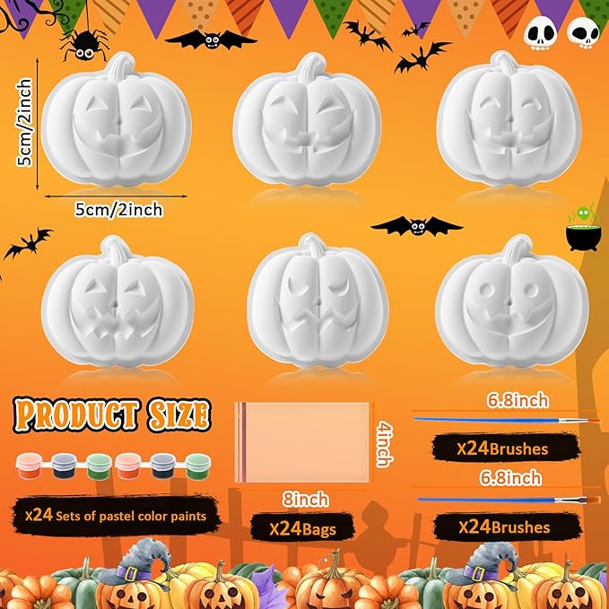 Foilswirl 24 Set Pumpkin Ceramic to Paint Halloween DIY Painting Kit Ready to Paint Pumpkin Crafts Unpainted Ceramics Figures with Brushes Acrylic Bags for Halloween Thanksgiving Party Decoration