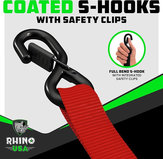 Rhino USA Ratchet Straps Heavy Duty Kit (4-Pack) - 1.6 Inch x 15 Feet Min Break Strength (5,000) - Ultimate Tie Down Straps with Safety S Hooks for Trucks, ATV, UTV, Motorcycle, Cargo & More - Black