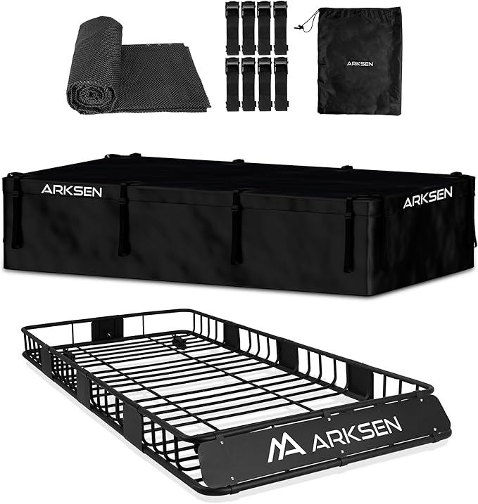 ARKSEN 84 x 39 x 6 Inch Universal 150LB Heavy Duty Roof Rack Cargo with 500D PVC Waterproof Cargo Bag, Top Luggage Holder Carrier Basket with Extension for SUV, Truck, & Car Steel Construction