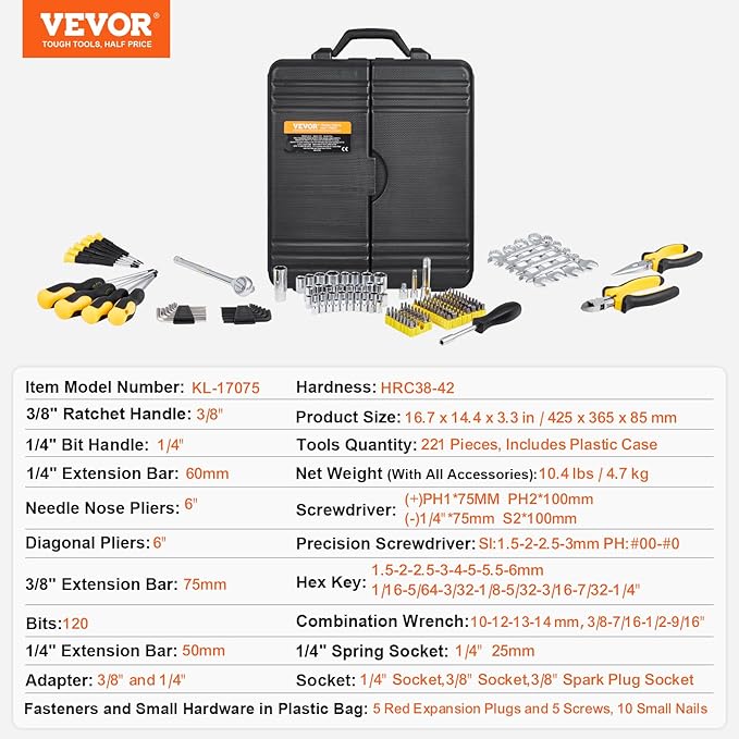 VEVOR Mechanics Tool Set 221Pieces - 1/4" and 3/8" Drive Sockets - SAE and Metric Mechanic Tool Kit with Bits - Wrenches, Ratchet Handle, Accessories, and Plastic Storage Case - for Automotive Repair