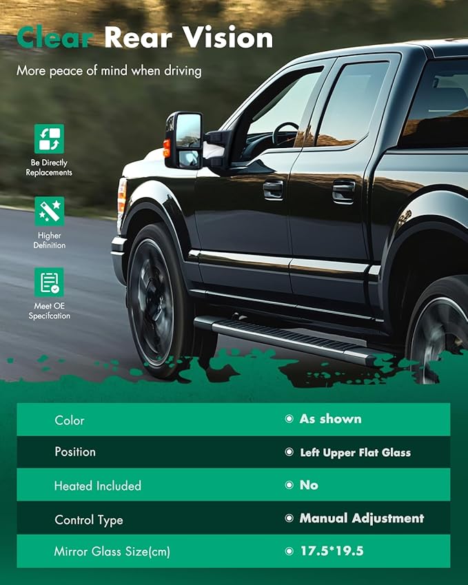 SCITOO Upper Flat Towing Mirror Glass Replacement with Left Driver Side Mirror Lens Compatible with 1988-1998 For Chevy/For GMC C1500/K1500 1988-2000 For Chevy/For GMC C2500/K2500/K3500