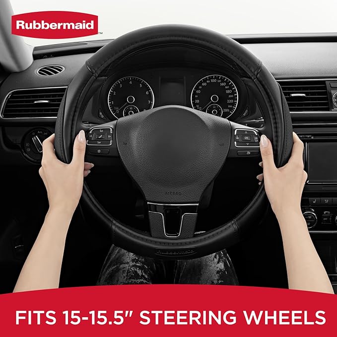 Rubbermaid Steering Wheel Cover – Universal Fit 14.5"–15" Steering Wheel Cover, Anti-Slip Grip, Breathable Leather, All-Season Protection, Interior Upgrade for Cars, Trucks, SUVs - Black