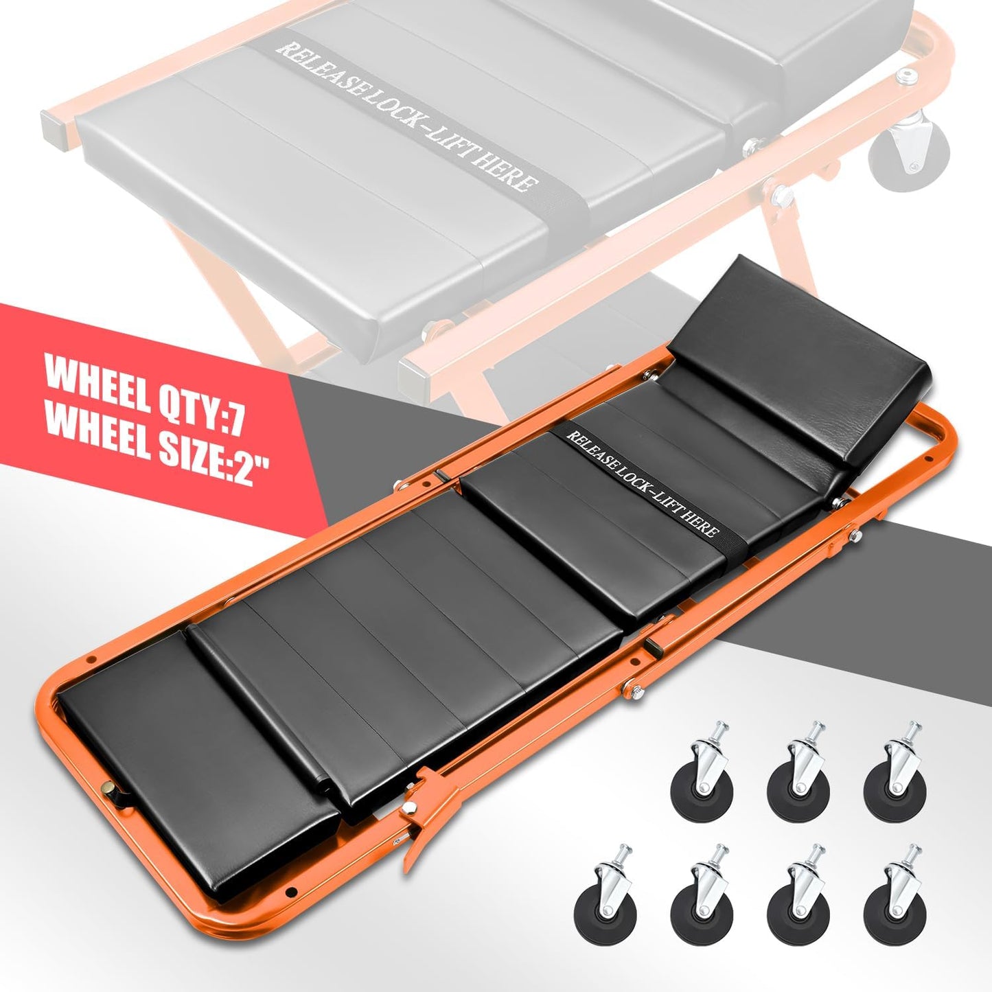 DNA MOTORING 48" 2 IN 1 Folding Rolling Garage Shop Creeper Roller Seat, 7 Pcs 2" Casters, 350 Lbs Weight Capacity, Orange, TOOLS-00193-OG