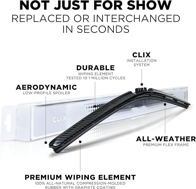 ClixWipers 24" + 20" (Set of 2) Black Carbon Fiber All Weather Premium Automotive Replacement Windshield Wiper Blades, Passenger and Driver Side Winter Wiper Blades for Various Car Models