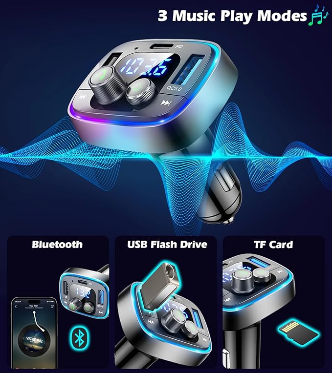 LIHAN USB C Bluetooth Car Adapter, AUX Wireless FM Radio Transmitter, Hands-Free Calling & Audio Receiver, MP3 Music Player, QC3.0 & Type-C PD Fast Charging,7 Colors LED Backlit, Support USB/TF Drive