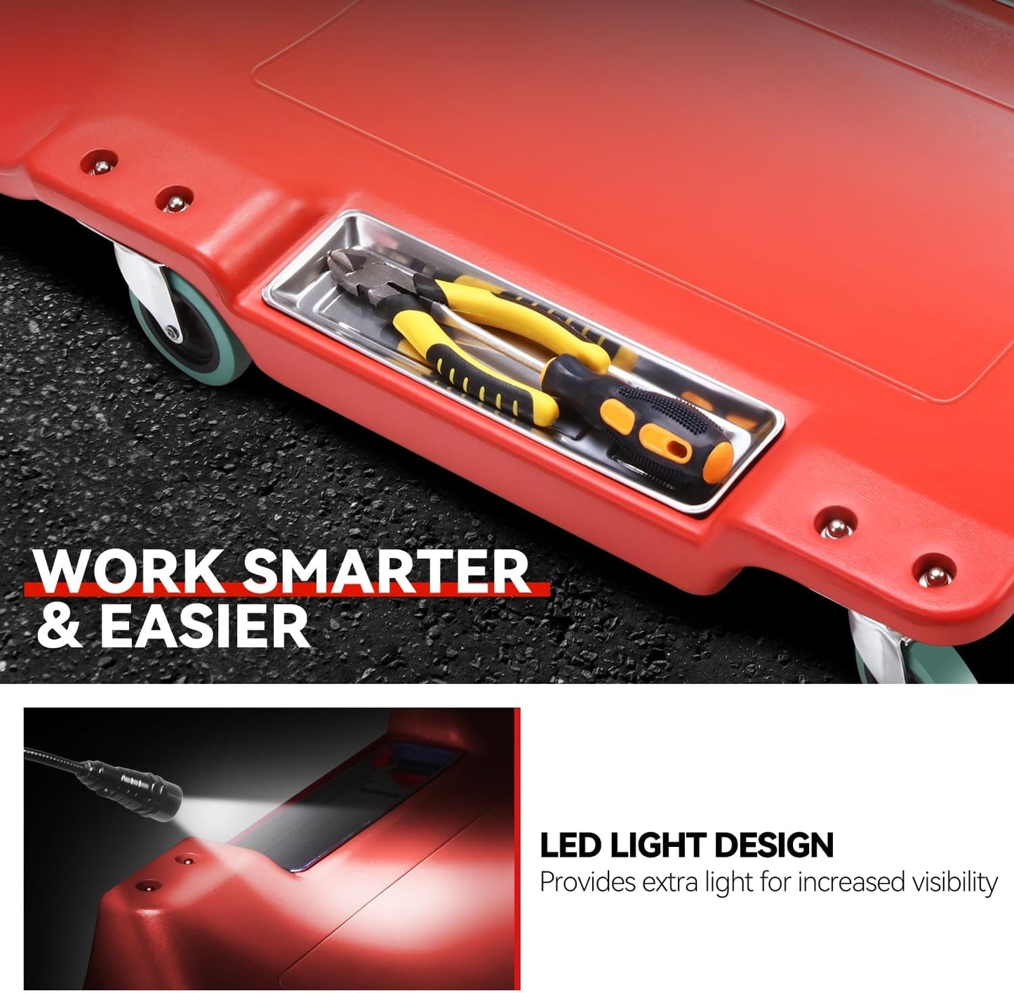 Auto Dynasty 40 Inches Mechanic Creeper, Automotive Garage Repair Low Profile Under Car Rolling Creeper with LED Light and Padded Headrest, Plastic, Red