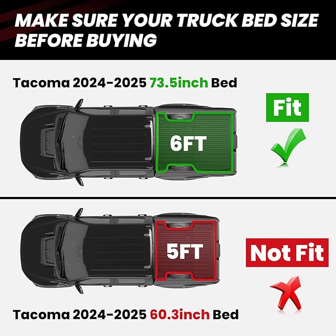 LASFIT Bed Mat for Toyota 2024-2026 Tacoma (6ft,6'Bed) Truck Bed, All Weather 6ft Car Bed Liner for Toyota Tacoma 2025 2026 2026 Accessories, TPE Trunk Mat&Cargo Liner (Not Fit Drop-in Liners)