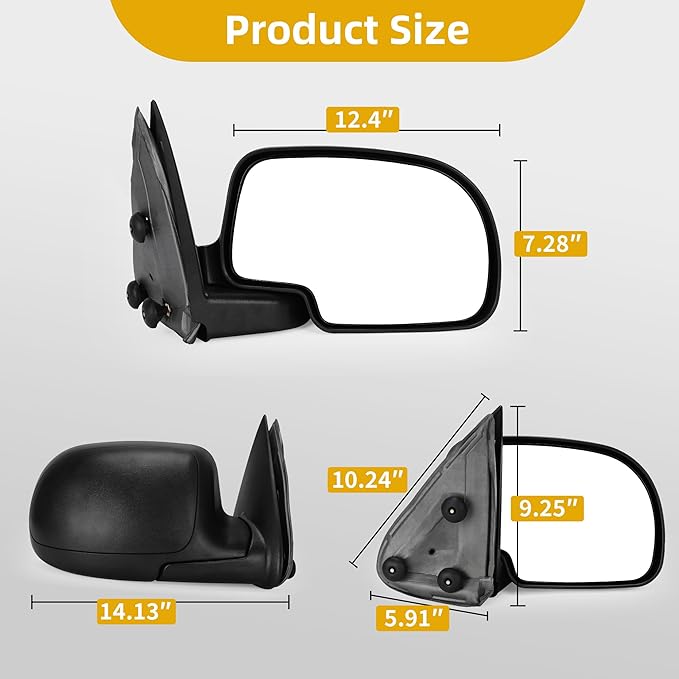DWVO Right Passenger Side Manual Folding Towing Mirror for 1999-2006 Chevy Silverado, GMC Sierra, Tahoe, Suburban, Yukon XL, Denali, Avalanche Classic, Adjustable Tow Side Mirror Accessory, Black