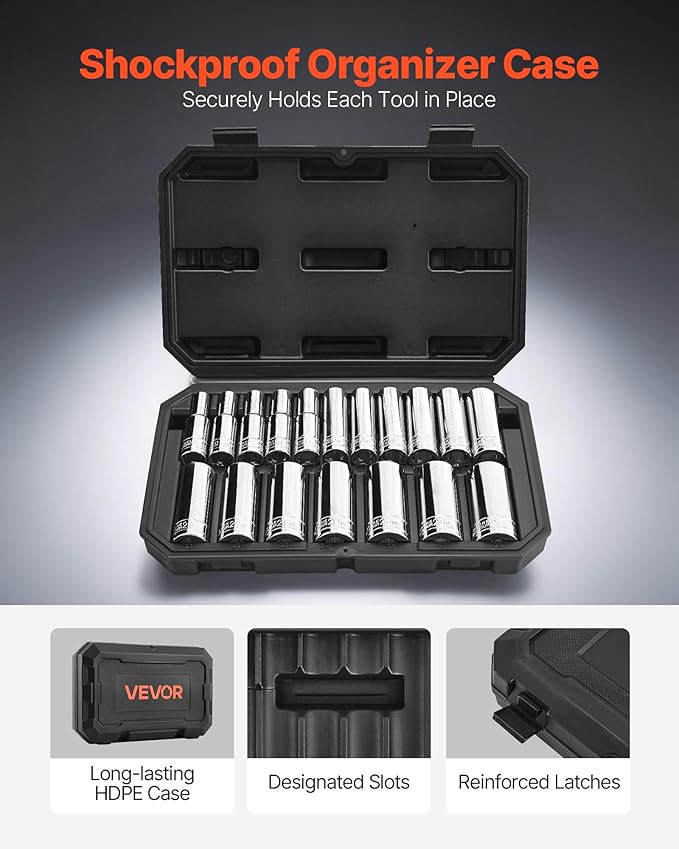 VEVOR Socket Set, 18 Pieces, 1/2 inch Drive Socket Tool Set, Metric Size from 10 to 27 mm, Mechanic Tool Kit with Storage Case, Clear Markings, Chrome Plated CR-V Alloy Steel, for Automotive Repair