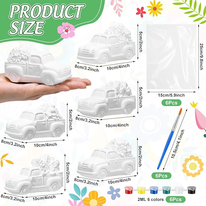 JellyArch 6 Set Spring DIY Painting Kit Ceramic 3D Ceramic Truck with Flowers to Paint Your Own Truck with Daisy Sunflower Tulip Statues Unpainted Plaster Craft with Brush Paint Bag for Adult
