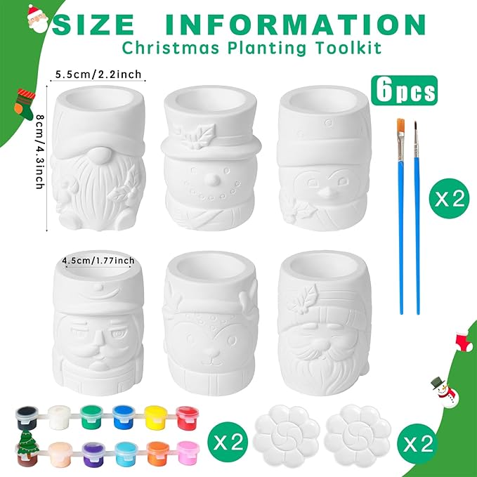 6 Pcs Christmas Ceramics Succulent Planters - Ready to Paint Your Own Garden Statues, DIY Paintable Ceramics Figurines Kit Crafts with Brush Palette for Adults Boys Girls (4.3 inch)