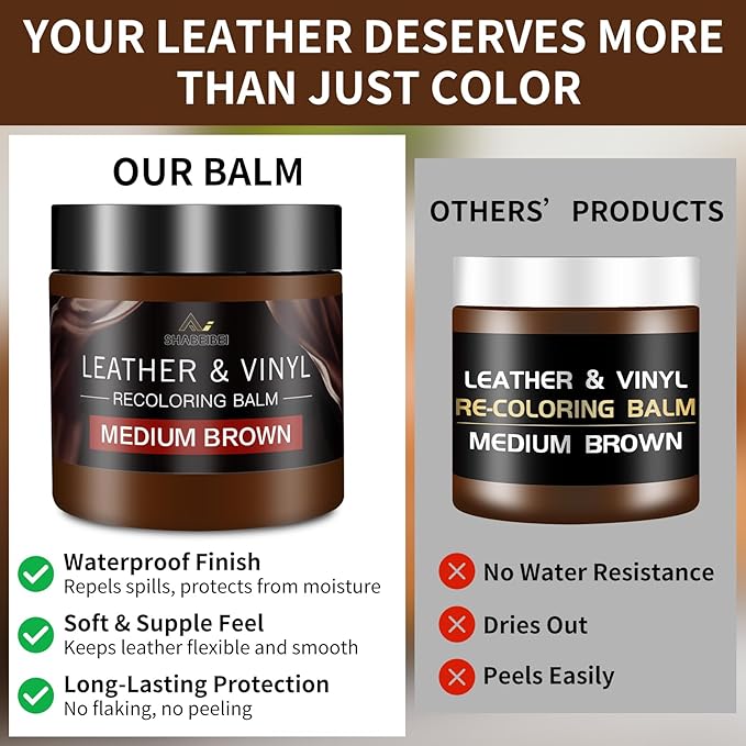 Leather Recoloring Balm and Scratch Repair Kit, Medium Brown Leather Restorer for Couches, Furniture, Car Seats, Leather Paint & Stain for Sofa, Chairs, Bags, and More