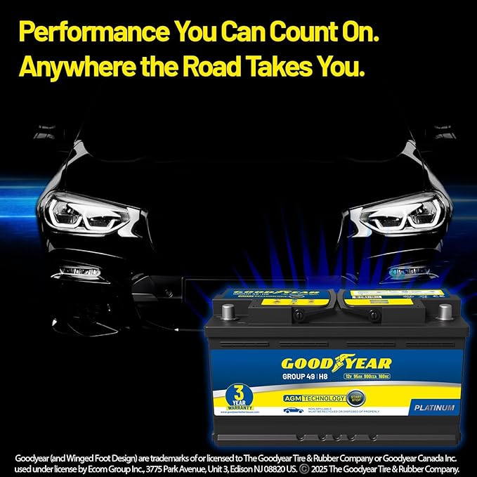 Goodyear 49-H8-AGM BCI Group Size 49 12V 95 AH, 160RC, 900 CCA Platinum series Rechargeable AGM Maintenance Free Automotive Battery