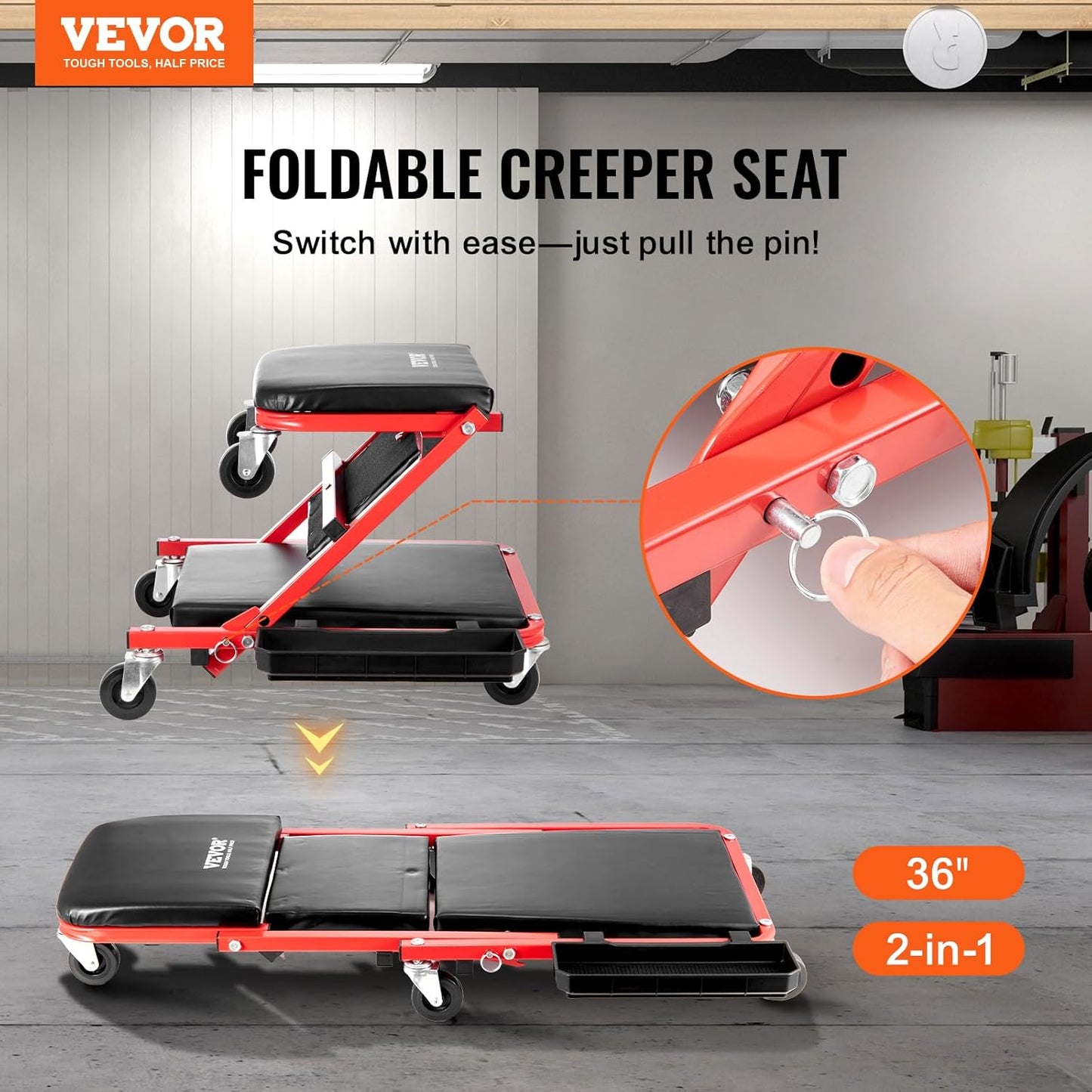VEVOR Foldable Z Garage Creeper, 36 in, 300 lbs Load Capacity Rolling Folding Mechanic Creeper Stool, with 6 Wheels Tool Tray Padded Seat Steel Frame, Lay Down or Sit Chair for Garage Shop or Home