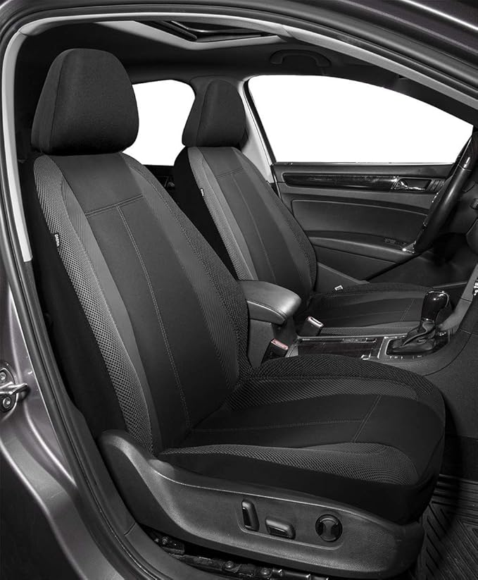 PIC AUTO Low Back Front Car Seat Covers - Sports Carbon Fiber Mesh Design, Two Front Set, Airbag Compatible, Universal Fit for Most Cars (Black)