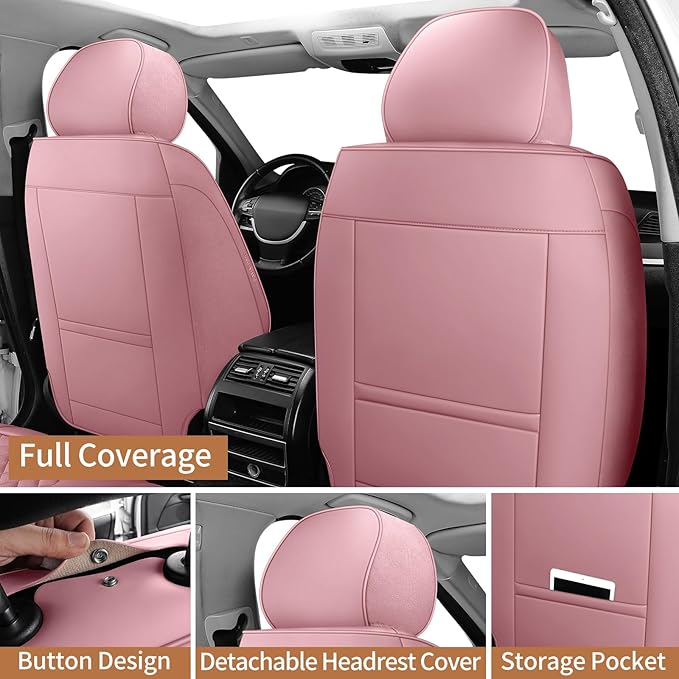 Leather Car Seat Covers Full Set Breathable Automotive Seat Covers Waterproof Seat Protectors Universal Fit for Most Automotive Cars SUV Trucks Van (Pink, Full Set)