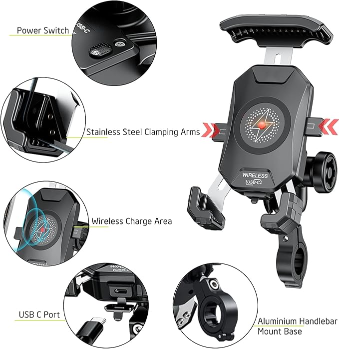 iMESTOU Anti-Theft Motorcycle Wireless Phone Mount Charger 15W & USB C 3A Handlebar 1" Ball Phone Holder Works with 12V/24V Vehicle/USB A Socket 720 Rotation Quick Charge for 4.0-7.0" Cellphones