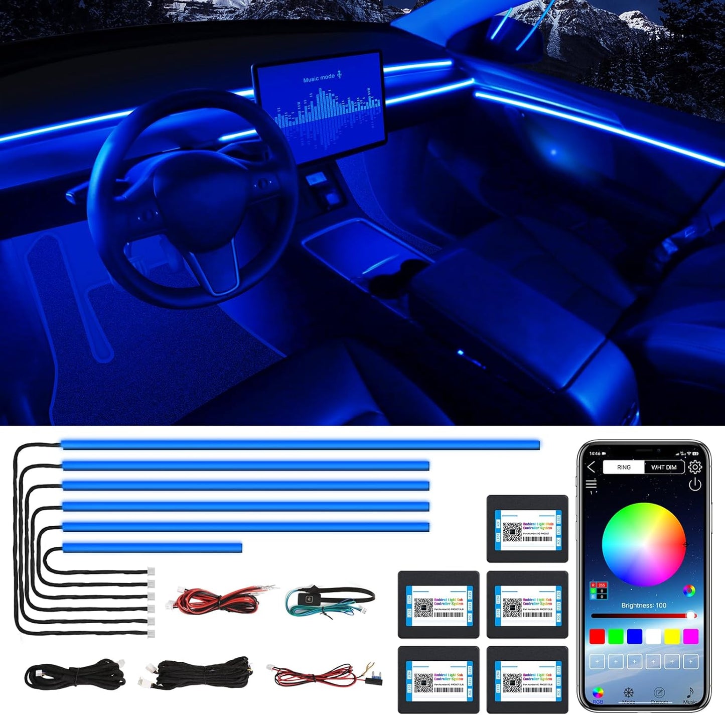 Acrylic Interior Car LED Strip Light with Wireless APP, RGB 6 in 1 with 175 inches 600 LEDs Fiber Optic Car Ambient Lighting Kits, 16 Million Colors Sound Active Function LED Strip for Car