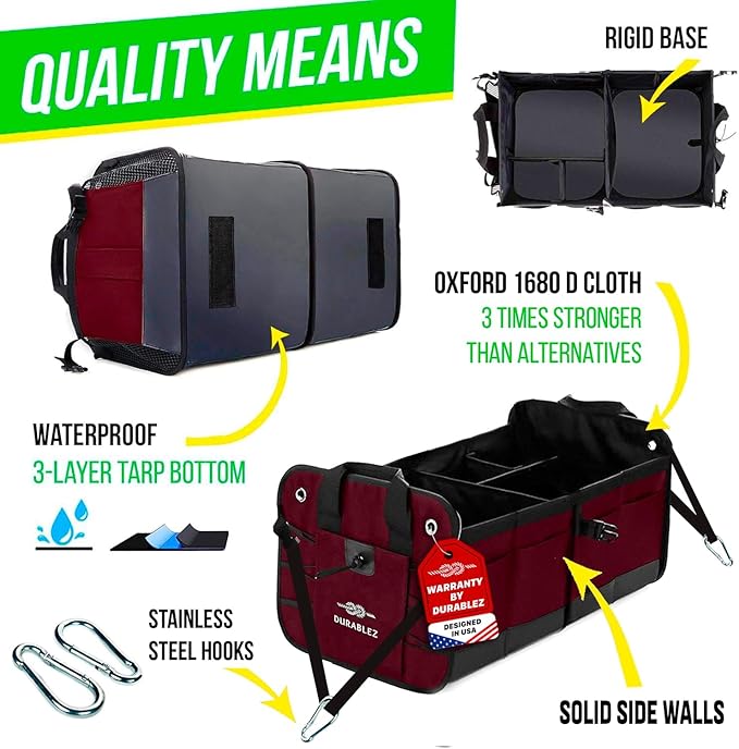 Large Car Trunk Organizer for SUV - Trunk Storage - Modular Configurable Detachable Collapsible - Minivan Truck Sedan Van - 3 Compartment XL, Cherry