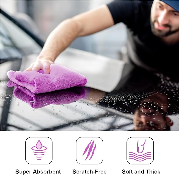 Shimeyao 30 Pcs Edgeless Microfiber Plush Towels for Cars Detailing Drying Wash Polishing Absorbent Cleaning Cloths, 500 GSM, 16 x 16 Inch(16 x 16 Inch,Purple,30 Pcs)