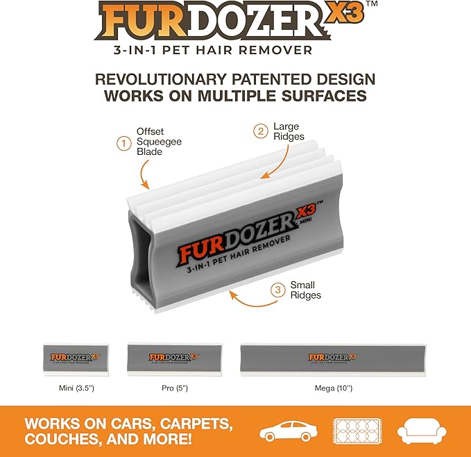 FurDozer Pet Hair Remover & Auto Detailing Tools - Cat & Dog Hair Remover for Carpets, Car Interiors, Couches, Bedding, & Pet Furniture (Gray, X3 MINI - 3.5" Long)