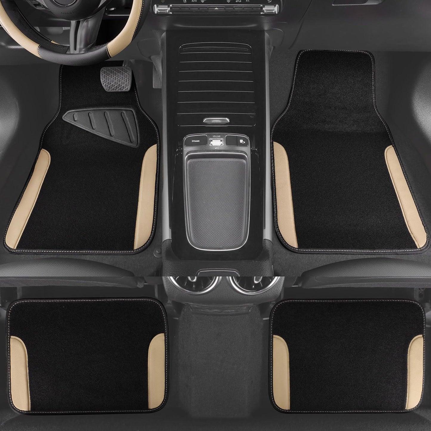 CAR PASS Waterproof Car Floor Mat, Universal Fit Car Mats with Driver Heel Pad, Leather Car Carpet, Anti-Slip Nibbed Backing Floor Mats for SUV, Vans,Sedan,Truck, Automotive Floor Mats (Black Beige)