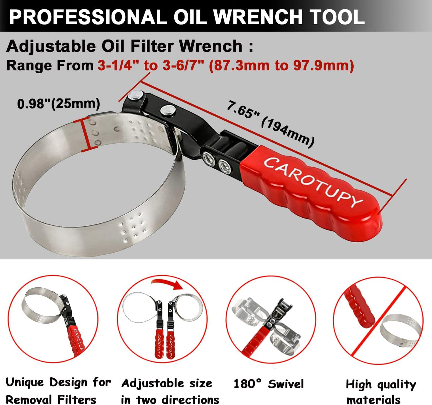 Standard Oil Filter Wrench, Oil Filter Wrench Tool Fits Filter from 3-1/4" to 3-6/7" for Cars, Motorcycles and SUV