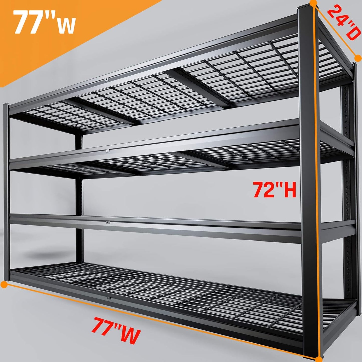 77" W Storage Shelves Heavy Duty Garage Shelving 4 Tier Metal Shelving Unit, Adjustable Shelves, 5000LBS Steel Industrial Shelving for Basement Warehouse Commercial, 77" W*24" D*72”H, Black