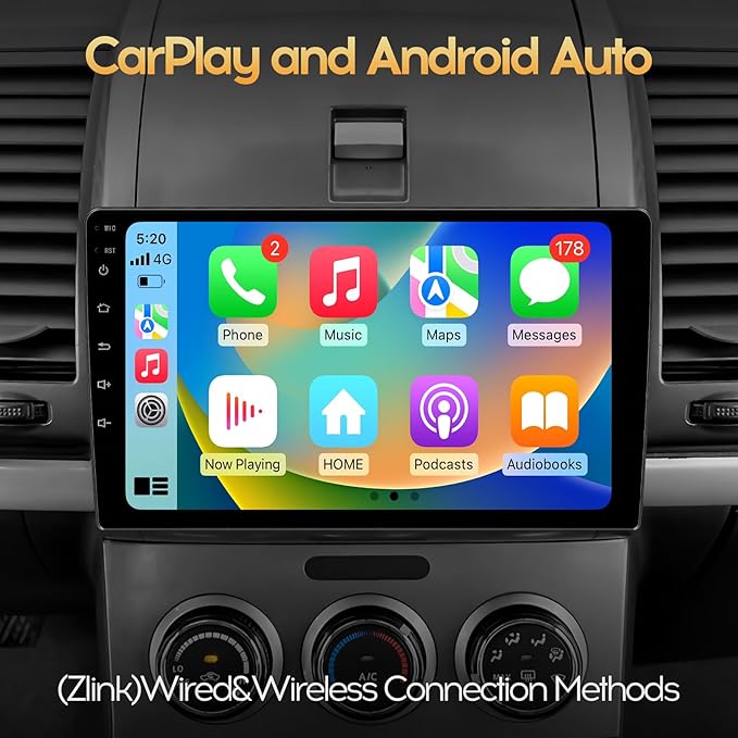 9'' 8Core 4+64GB QLED Full Touch Android Double Din Car Stereo Radio Audio Video Player with Apple CarPlay Android Auto 4G&WiFi DSP FM&AM BT MirrorLink Split Screen PIP GPS Navigation