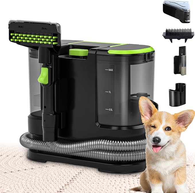 Portable Carpet & Upholstery Cleaner, Deep Cleaning for Rugs, Couch, Curtain, Car Interiors Stains, Pet & Family Friendly, 21 Kpa suction with 800W high-performance motor, 120V (Green)