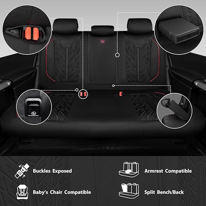 CAR PASS Waterproof Split Bench Seat Covers,Neoprene Rear Seat Covers,All-Weather Non-Slip Durable, Universal Fit for SUVs Sedans Trucks Vans Automotive,Black