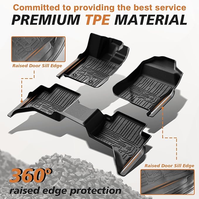 TripleAliners Truck Bed Mat & Floor Mats Front Rear Full Set Compatible with Ford Ranger 2024-2025 SuperCrew Accessories All Weather TPE Truck Liner Custom Fit (5FT Truck Bed Mat+Floor Mats)